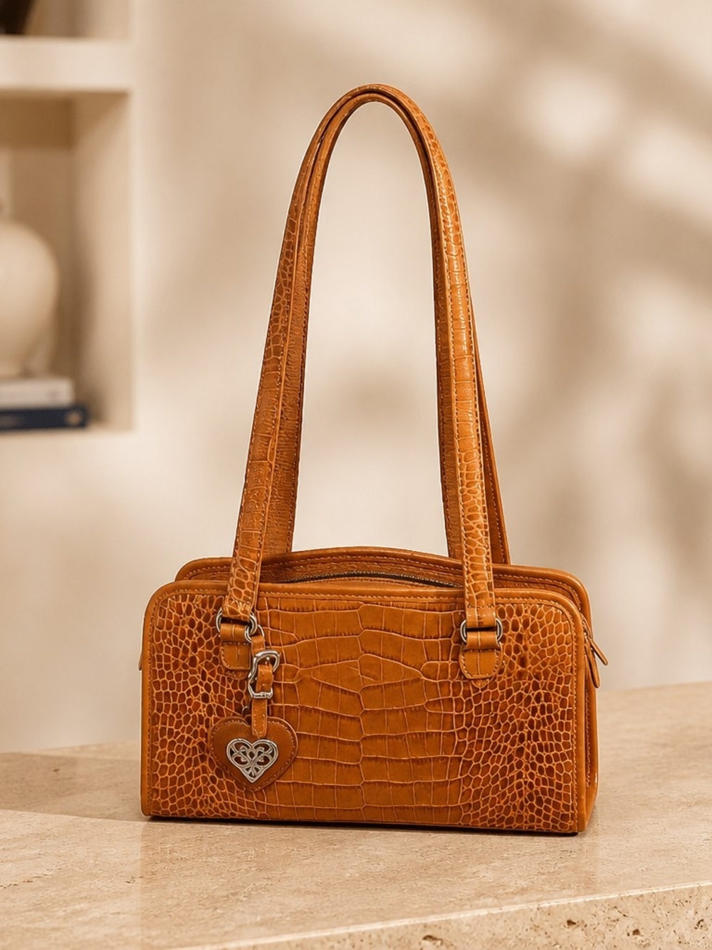 Brighton Tan Croc-Embossed Shoulder Bag with Heart Charm